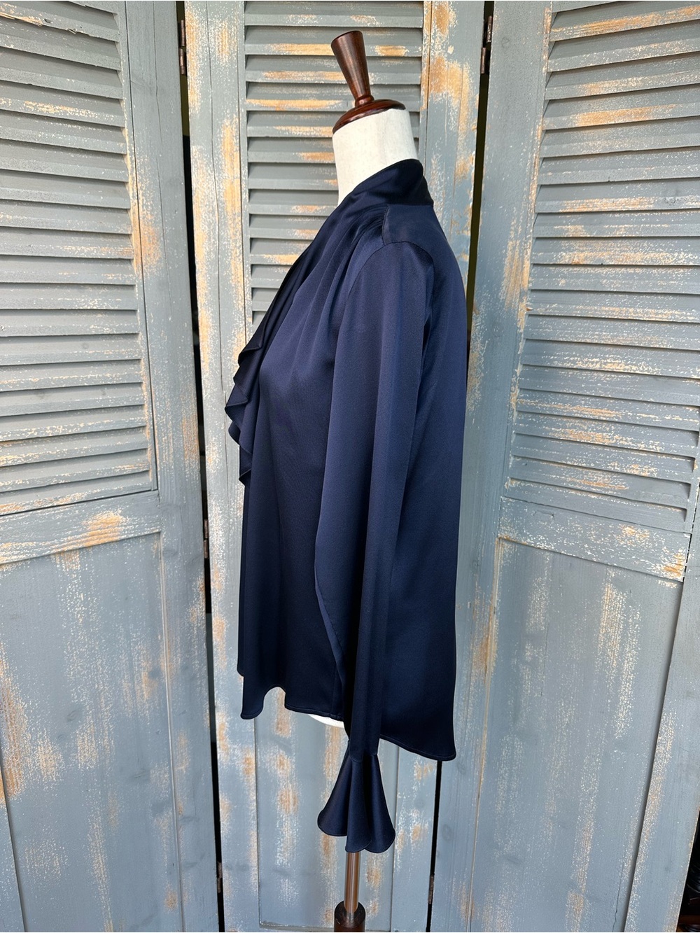 Ralph Lauren Vintage Silk Ruffled Blouse Icon Navy Sz 8 - Picture 8 of 15